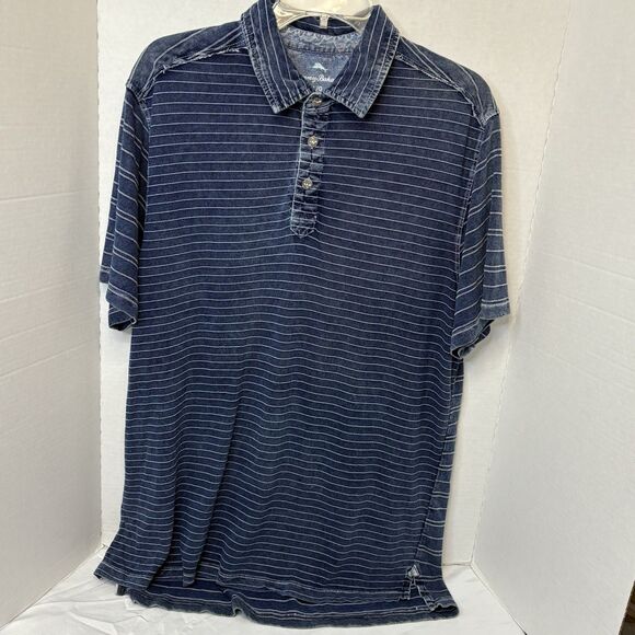 Tommy Bahama Other - TOMMY BAHAMA Shirt Mens Large Blue Stripe Distressed Denim Look Polo Casual